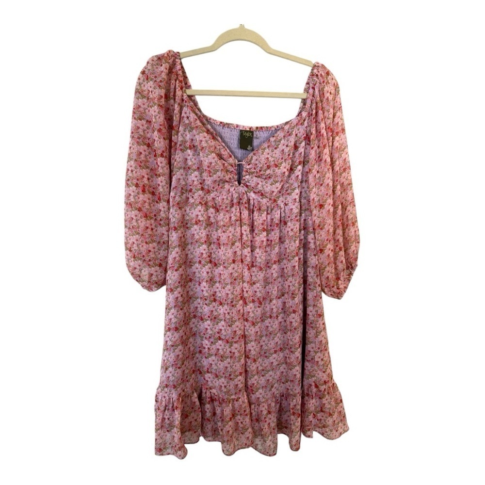 Taylor Floral Sheer Puff Long Sleeve Mini Dress Pink Size 10